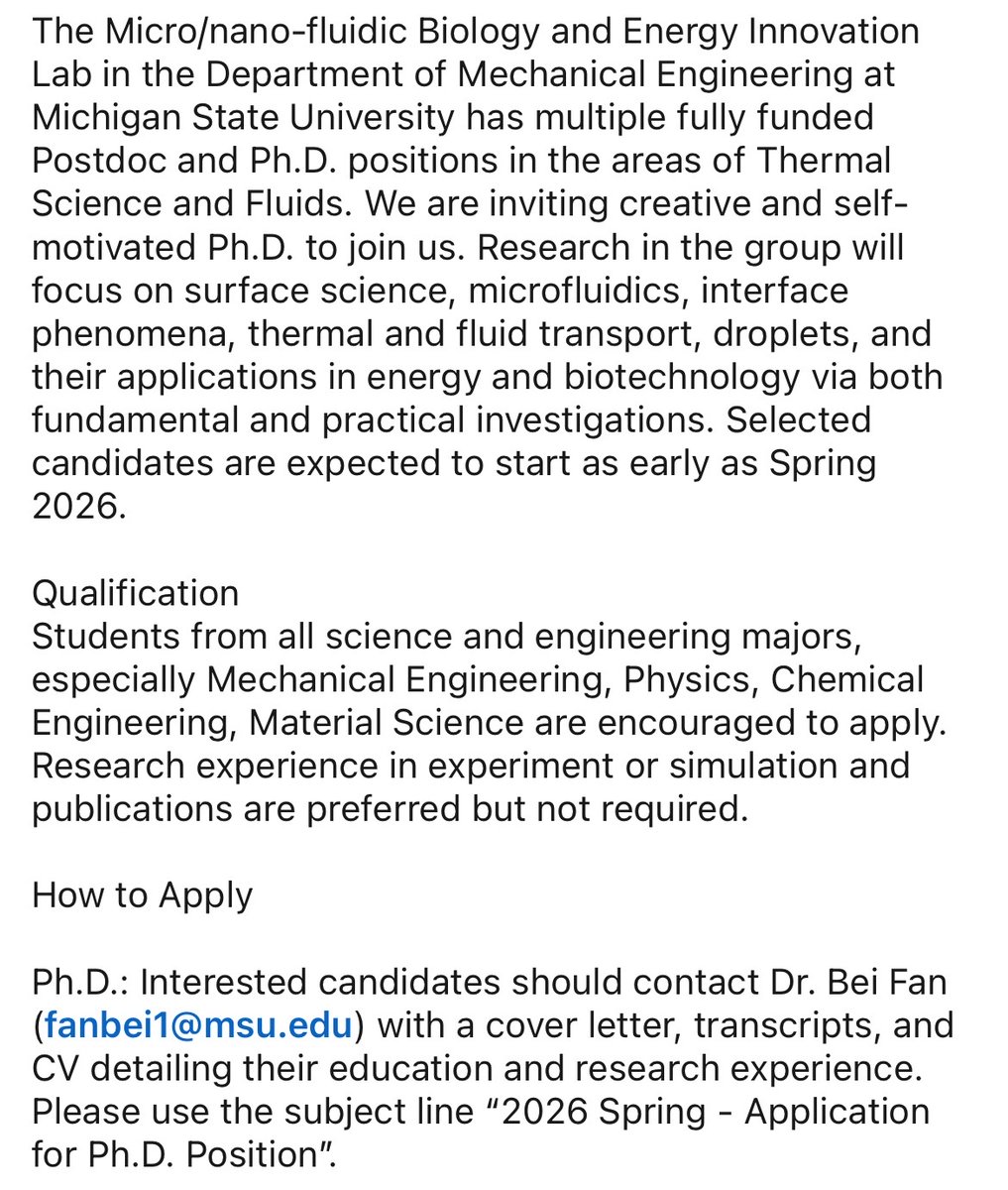 ObengCosmos's tweet image. Ph.D.: Interested candidates should contact Dr. Bei Fan (fanbei1@msu.edu) with a cover letter, transcripts, and CV detailing their education and research experience.
Please use the subject line "2026 Spring - Application for Ph.D. Position".