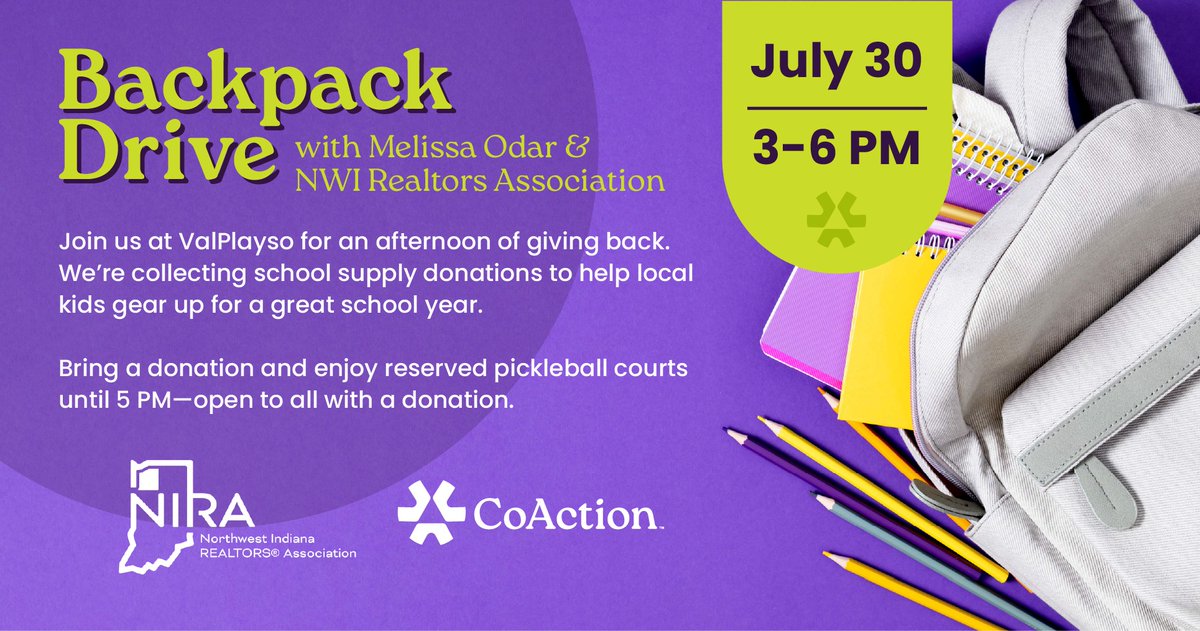 PortageLife's tweet image. Help fill backpacks with possibility! 🎒 Join CoAticion on July 30th from 3–6 pm for an afternoon of giving back! They&apos;ll be collecting school supply donations to help local kids start the school year prepared and confident. Bring a donation and enjoy reserved pickleball courts…