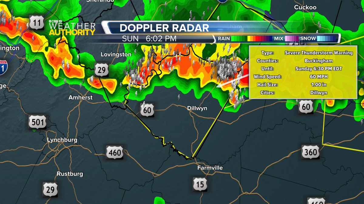 CBS19News's tweet image. A Severe Thunderstorm Warning is now in effect until Jul 27 6:30PM for the following counties: Buckingham. Damaging winds and hail are possible with these storms.
