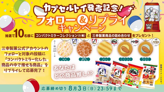 ミニチュアコンパクトミラー（全5種）と三幸製菓商品の詰め合わせ