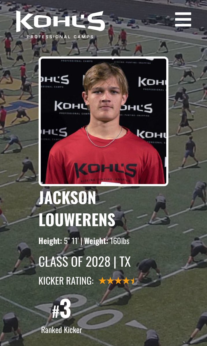 Jackson Louwerens (@louwerens2028) on Twitter photo Beyond blessed to be ranked the number 3 kicker in 🇺🇸 and the number 1 ranked kicker in TX by <a href="/KohlsKicking/">Kohl's Kicking Camps</a>
<a href="/CoachPatKennedy/">Pat Kennedy</a> <a href="/LakeCreekFBall/">Lake Creek Lions Football</a> <a href="/CMKicking/">𝘾𝙤𝙙𝙮 𝙈𝙖𝙣𝙙𝙚𝙡𝙡 𝙆𝙞𝙘𝙠𝙞𝙣𝙜</a> <a href="/coachjnewt/">Coach Jeff Newton</a> <a href="/coach_bourquin/">Coach Bourquin</a> <a href="/Cord3l_64/">Cordel Iwuagwu</a> <a href="/Coach_Dougherty/">Patrick Dougherty</a> <a href="/CoachKLars/">Keith Larson</a> <a href="/CoachHunter_/">Judson Hunter</a> <a href="/coachj_lepak/">Jeff LePak</a> <a href="/nunez_jay/">Jay Nuñez</a> <a href="/CodyMandell_/">Cody Mandell</a> Beyond blessed to be ranked the number 3 kicker in 🇺🇸 and the number 1 ranked kicker in TX by <a href="/KohlsKicking/">Kohl's Kicking Camps</a>
<a href="/CoachPatKennedy/">Pat Kennedy</a> <a href="/LakeCreekFBall/">Lake Creek Lions Football</a> <a href="/CMKicking/">𝘾𝙤𝙙𝙮 𝙈𝙖𝙣𝙙𝙚𝙡𝙡 𝙆𝙞𝙘𝙠𝙞𝙣𝙜</a> <a href="/coachjnewt/">Coach Jeff Newton</a> <a href="/coach_bourquin/">Coach Bourquin</a> <a href="/Cord3l_64/">Cordel Iwuagwu</a> <a href="/Coach_Dougherty/">Patrick Dougherty</a> <a href="/CoachKLars/">Keith Larson</a> <a href="/CoachHunter_/">Judson Hunter</a> <a href="/coachj_lepak/">Jeff LePak</a> <a href="/nunez_jay/">Jay Nuñez</a> <a href="/CodyMandell_/">Cody Mandell</a>