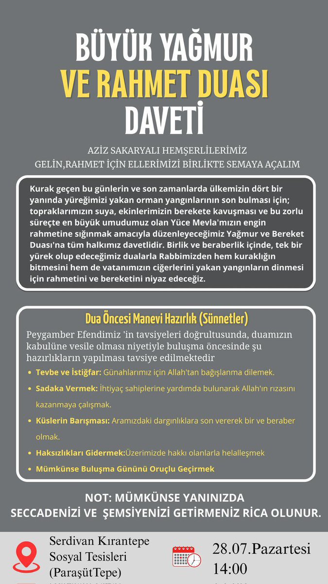 💢 Sakarya Halkına 🌧️ Yağmur
🤲 Duası için Toplanma Çağrısı
Yapıldı.