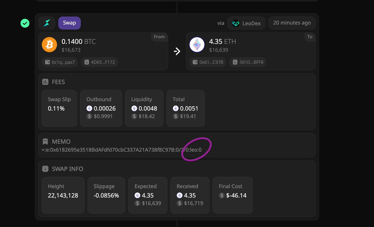 $16,673 worth of $BTC for $16,639 worth of $ETH

Only $34 in fees
1. $0 in interface fees
2. $19.41 base layer fees (Nodes and LPs)
3. $14.59 misc. fees

Total fees (incl. slippage + gas) = 0.20%

Pricing for @Thorchain is now better than CEX. Courtesy of thorchain.leodex.io