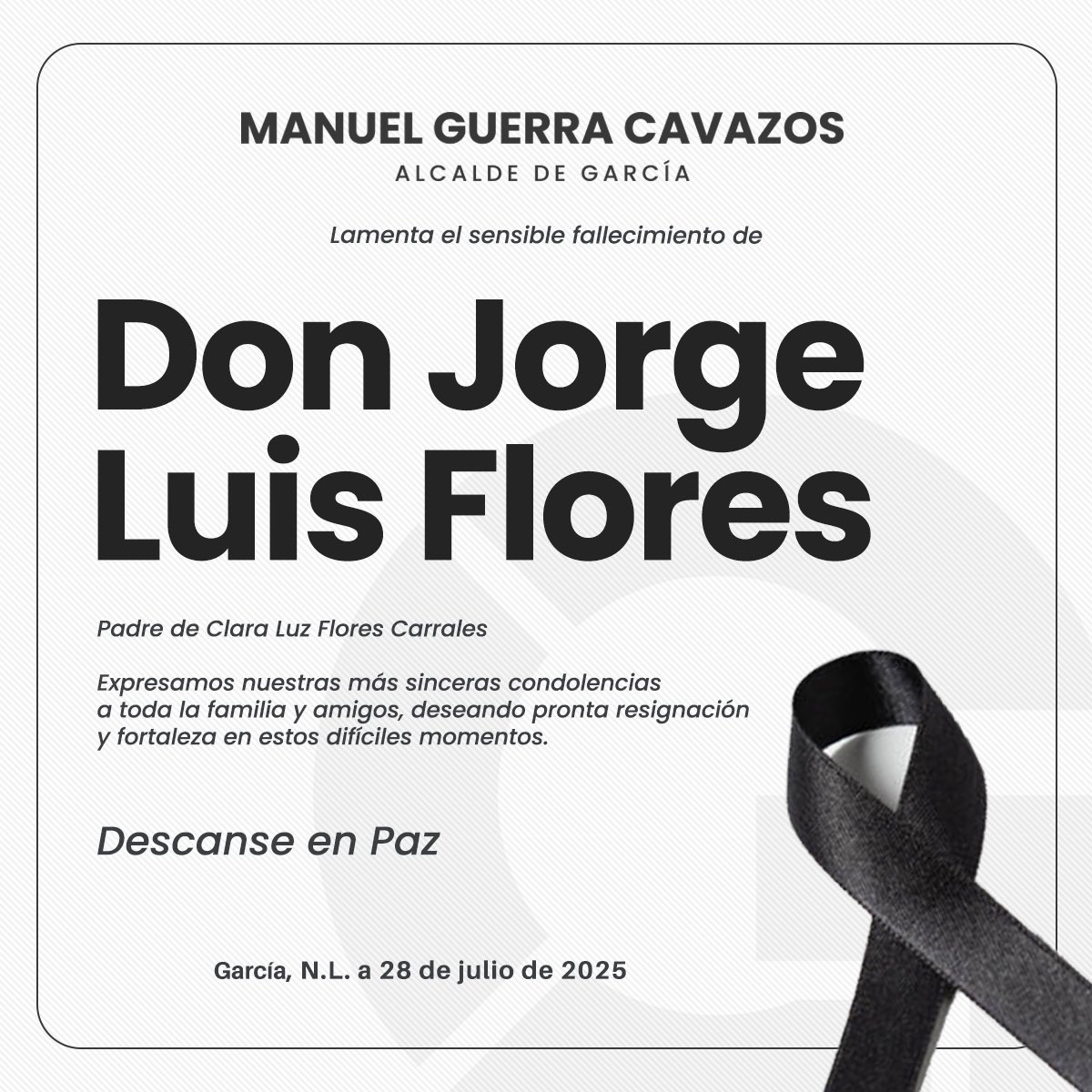 Manuel Guerra Cavazos (@manuelguerracav) on Twitter photo Envío mis condolencias a mi amiga <a href="/claraluzflores/">Clara Luz Flores</a> por el sensible fallecimiento de su señor padre.
Abrazo fuerte. DEP. Envío mis condolencias a mi amiga <a href="/claraluzflores/">Clara Luz Flores</a> por el sensible fallecimiento de su señor padre.
Abrazo fuerte. DEP.