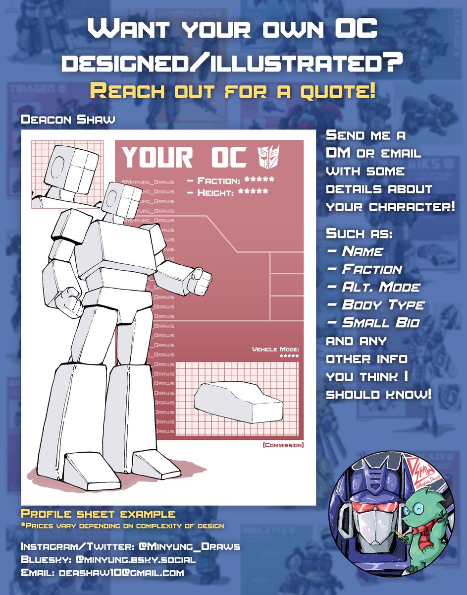 Minyung_Draws's tweet image. Hi, everyone! Thought I’d make a proper picture to explain my Transformers OC profile sheets, and how you can contact me if you’re interested in one of your own! :D