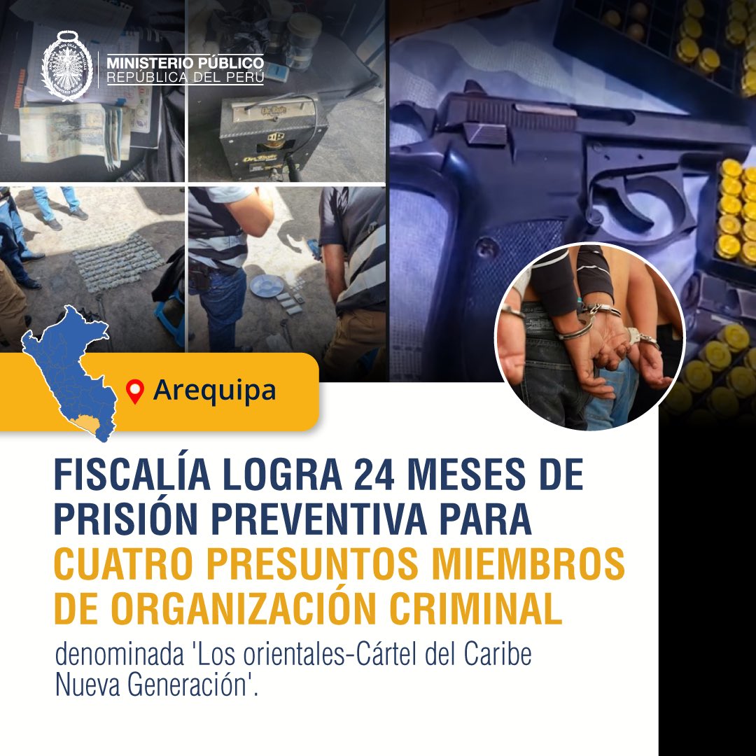 FiscaliaPeru's tweet image. 🚨#FiscalíaLogra | Ministerio Público consiguió 24 meses de prisión preventiva para cuatro presuntos miembros de ‘Los Orientales - Cártel del Caribe Nueva Generación’, investigados por extorsión, tráfico ilícito de drogas, lavado de activos y sicariato.
✅ La Fiscalía…
