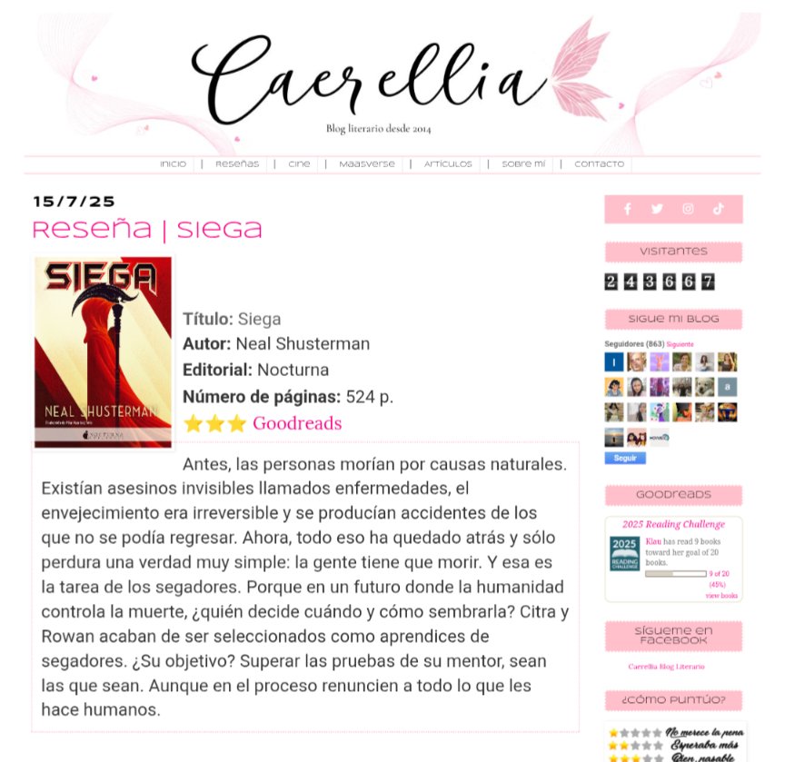 anticlau's tweet image. 🩷 Reseña de Siega de @NealShusterman que hice hace unas semanas. Hablemos de la muerte y las consecuencias de la eternidad...
caerellia.com/2025/07/resena…