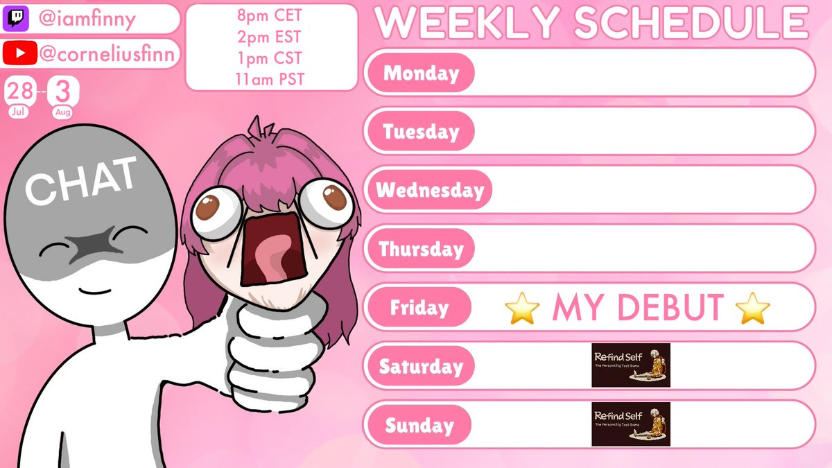 CorneliusFinnVT's tweet image. βοΈ DEBUT WEEK SCHEDULE βοΈ
My debut will be a chill just chatting stream on friday and on saturday and sunday I will be playing "Refind Self" which was gifted to me by a very sweet person named Abby!
(@/Miso_soup_dashi)
I hope to see YOU this weekend! π«π©·
Thank you everyone!