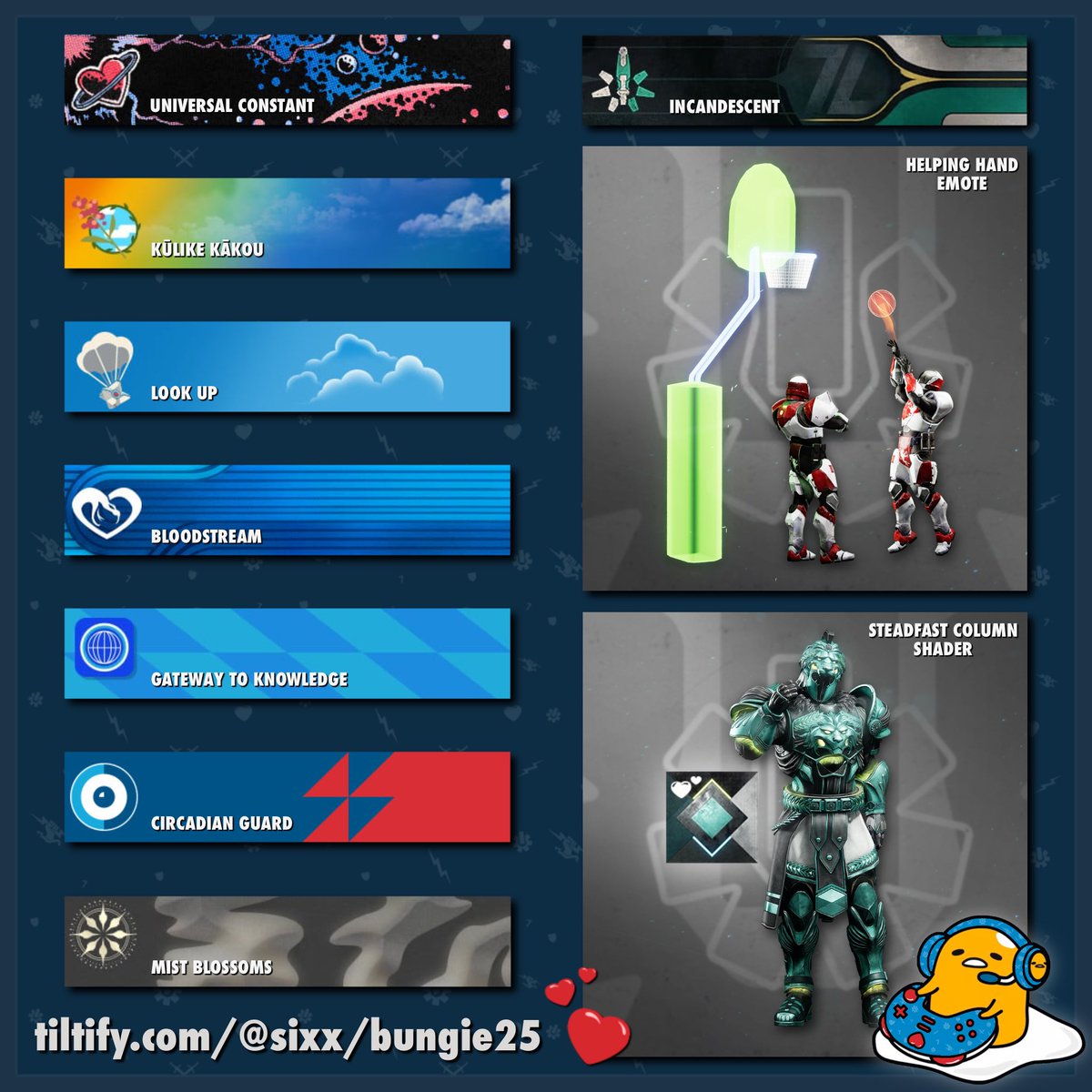 SixxIsDead's tweet image. We’re running out of time to get these pretty rewards, so don’t miss out~ I promise your guardians will look so cute with these equipped ♡
Get any of these, plus some extra cool emblems from @JOrdonez666’s campaign!! Let’s go Squid Team! 🦑
✶ tiltify.com/@krimxic/bungi…
#Destiny2