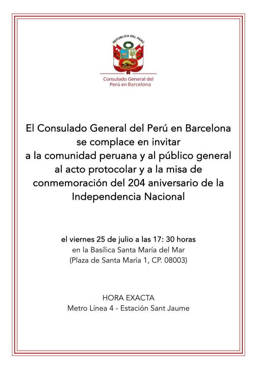 Acto Protocolar y  Misa por el 204 Aniversario del Día Nacional del Perú en la Basilica de Santa Maria del Mar en Barcelona.
Organizado por el Consulado General de Perú en Barcelona.
Viernes 25 de Julio 2025
#PSCCiudadaníayDiversidad 
#PSCHospitaletdeLlobregat
<a href="/socialistes_cat/">Socialistes PSC/❤</a>.