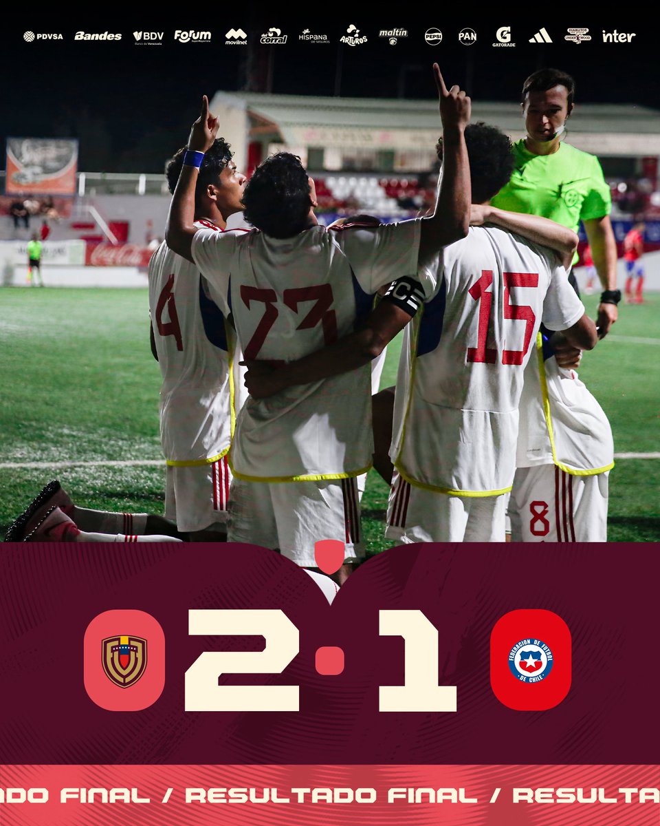 𝐕𝐈𝐂𝐓𝐎𝐑𝐈𝐀 𝐕𝐈𝐍𝐎𝐓𝐈𝐍𝐓𝐎 🇻🇪

𝑽𝒆𝒏𝒆𝒛𝒖𝒆𝒍𝒂 2-1 Chile 

⚽️ Santiago Pita (11’)
⚽️ Aquiles Zamora (55’)

Con un triunfo finaliza nuestra participación en el Torneo <a href="/Cotif/">COTIF</a> 🫂

#SiempreVinotinto #VinotintoSub20