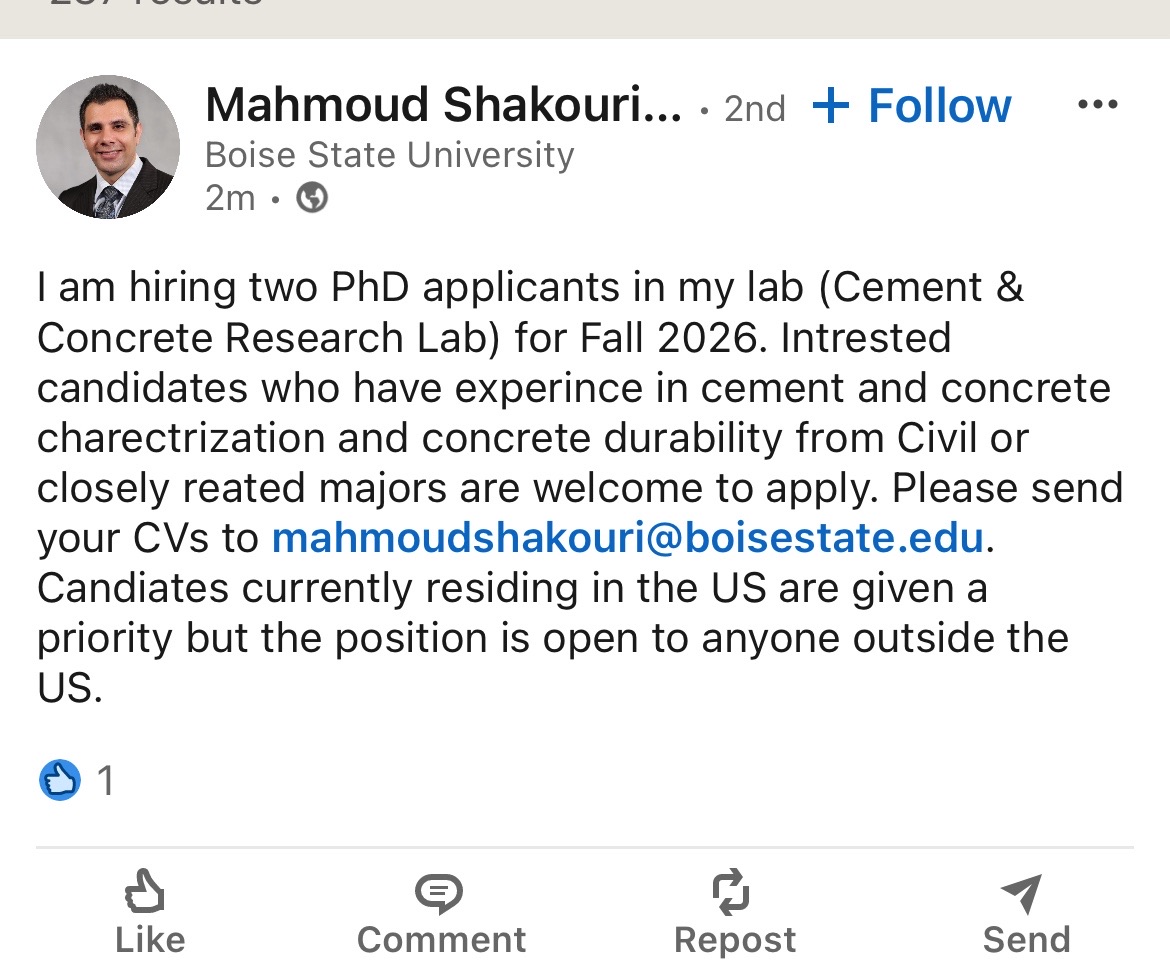 ObengCosmos's tweet image. Professor Mahmoud Shakouri... Of
Boise State University
“ I am hiring two PhD applicants in my lab (Cement & Concrete Research Lab) for Fall 2026. Please send your CVs to mahmoudshakouri@boisestate.edu.”