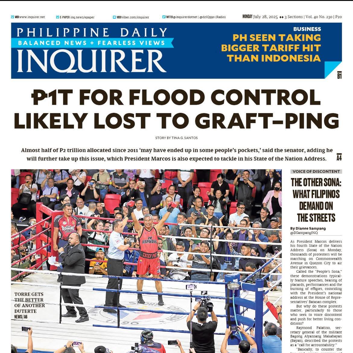 junisidro's tweet image. Today's frontpage, Monday, 28 July 2025

Sen. Panfilo Lacson: 50% of the P2 trillion allocated to the Department of Public Works and Highways for #floodcontrol since 2011 was possibly lost to corruption.

#MetroManila #flooding

-philstar.com/headlines/2025…

-newsinfo.inquirer.net/2087861/lacson…