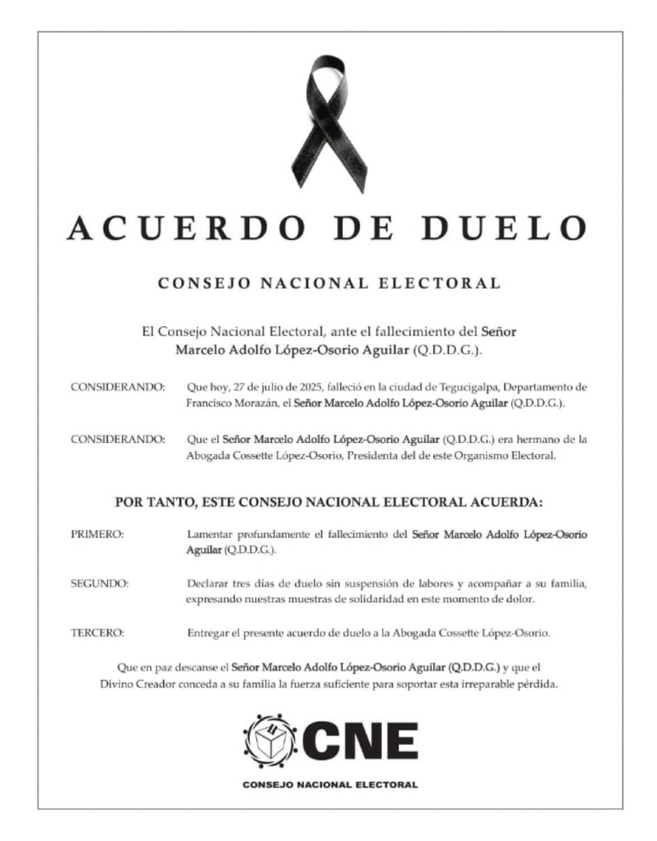 HCHTelevDigital's tweet image. #HCHNoticias | Marcelo Adolfo López-Osorio Aguilar, hermano de la presidenta del Consejo Nacional Electoral (CNE), Cossette López, ha fallecido este domingo en Tegucigalpa. 

¡Qué de Dios Goce!