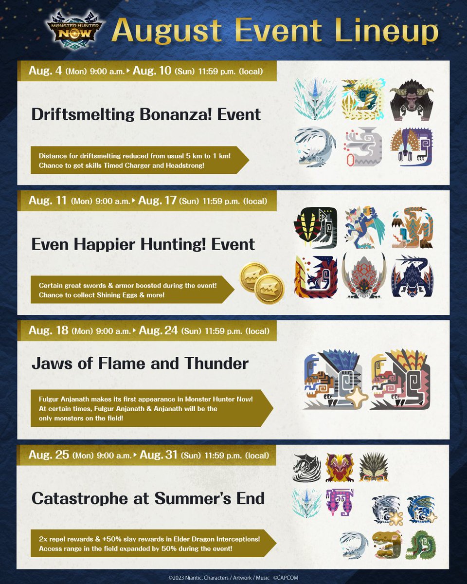 MH_Now_EN's tweet image. 🐾 August event lineup 🐾

Fulgur Anjanath is coming to #MHNow AND Great Girros will be appearing as a new Riftborne monster 🔥

Plus, you can change the style of your great swords, and we have more events to look forward to! 🌟

👉 monsterhunternow.com/news/august-20…