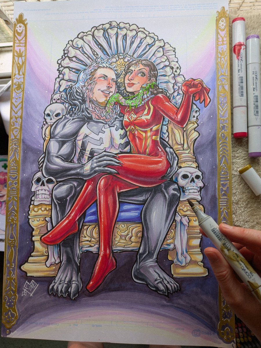 ComfortAndAdam's tweet image. This cute little couple wanted to be drawn as #venom and an #indian inspired #spiderwoman - the two are kind... And so Canadian. It took Comfort forever to do this one, but she LOVED how it came out. Totally worth it ❤️

#commissionsopen for @DragonCon

#artist #comicart #copic