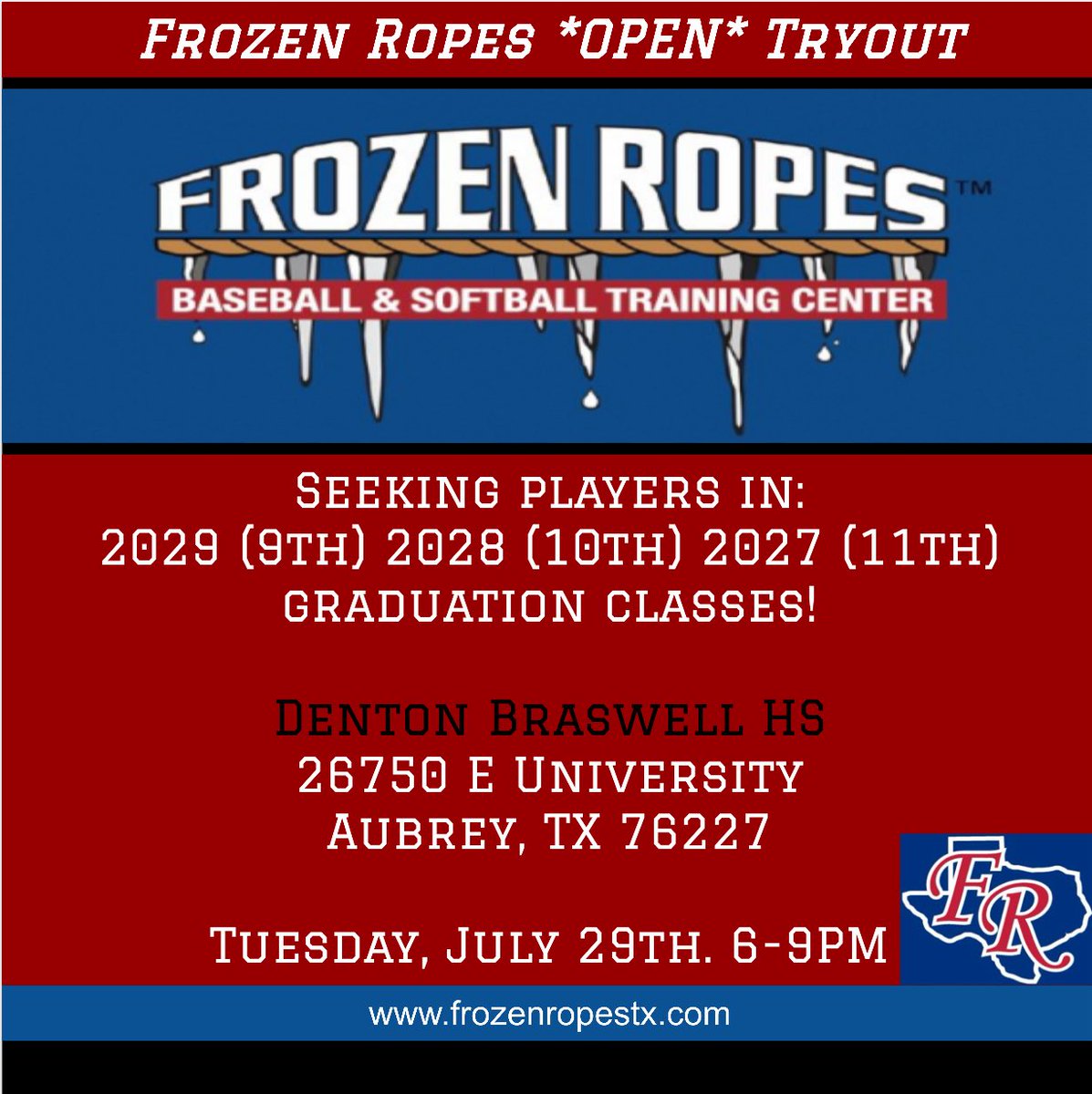 High school players in the DFW area! 

Come check us out. Tuesdays, July 29th. 6-9pm. 

RR rebranding to Frozen Ropes starting in the fall. Going to be a lot of quality baseball being taught in this joint effort. 🔥