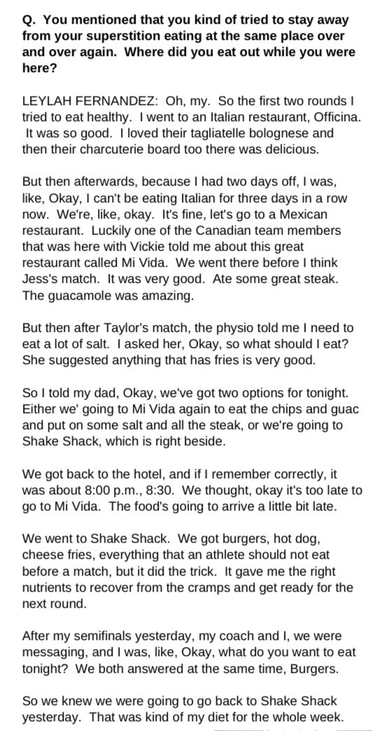 TennisONE App (@tennisoneapp) on Twitter photo Leylah Fernandez’s press conference after the <a href="/mubadalacitidc/">Mubadala Citi DC Open</a> final was entertaining
Turns out her superstitious habits made her eat Shake Shack during the week
Gotta get salts from French Fries, Burgers, and Hot Dogs even if it’s exactly what an athlete shouldn’t be eating 😅 Leylah Fernandez’s press conference after the <a href="/mubadalacitidc/">Mubadala Citi DC Open</a> final was entertaining
Turns out her superstitious habits made her eat Shake Shack during the week
Gotta get salts from French Fries, Burgers, and Hot Dogs even if it’s exactly what an athlete shouldn’t be eating 😅