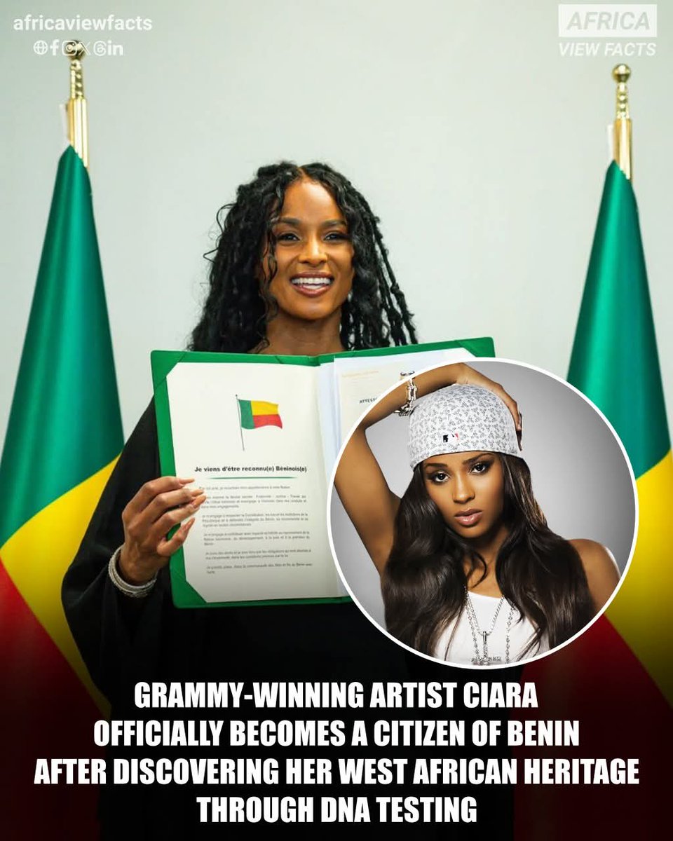 Popular American singer, songwriter, and dancer Ciara has officially gained Beninese citizenship after tracing her ancestry to Benin 🇧🇯

The Grammy-winning artist took a powerful journey to reconnect with her African roots, discovering through DNA testing that a significant part