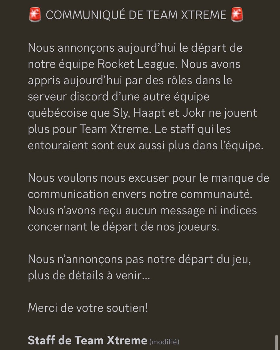 Communiqué sur notre roster Rocket League