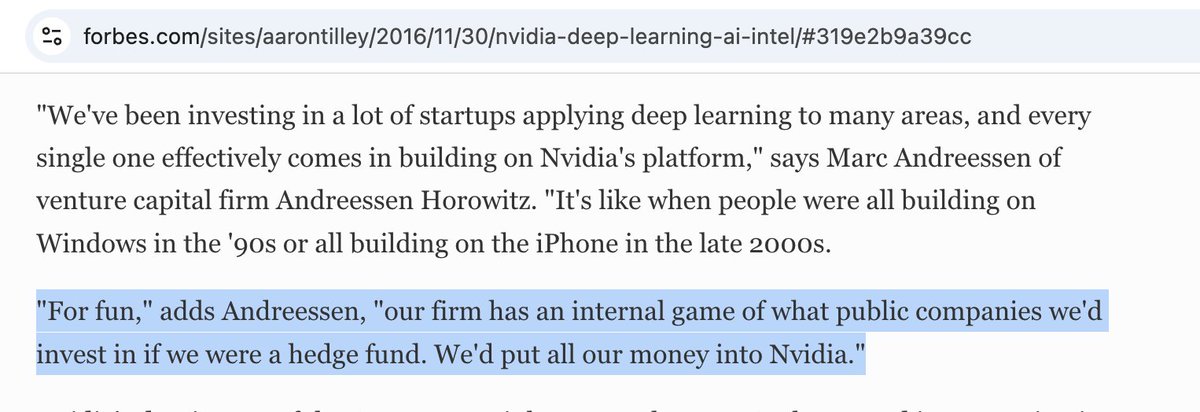 hristo_vassilev's tweet image. november 2016 with nvidia's stock at $1.63:
"For fun, our firm has an internal game of what public companies we'd invest in if we were a hedge fund. We'd put all our money into Nvidia." — @pmarca
nvidia today: $173