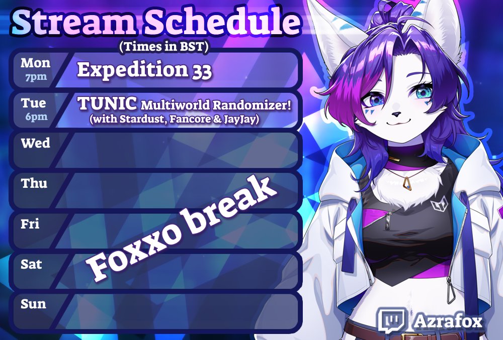 Azra_fox's tweet image. Stream Schedule for this week ❄️

Going on a short break end of next week, but we have something VERY exciting planned  @StarBreGamez, @FanaticCore, @jayjaycholo and I are doing a multi-world randomiser series! This time I&apos;m playing TUNIC, my new favourite game of all time 💜