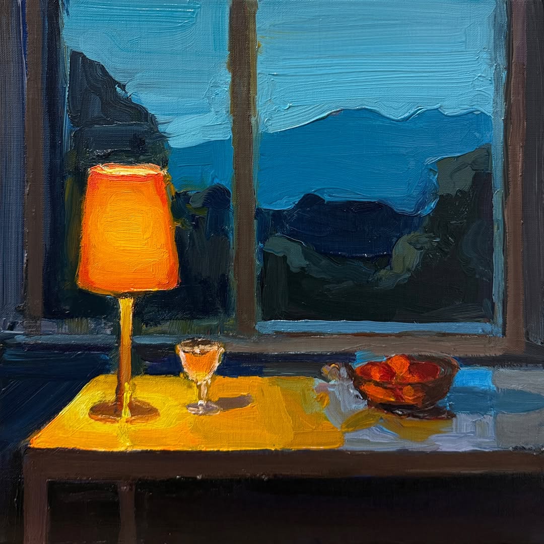 After the power came back, the lights flickered once—then held.

Outside, the world stayed storm-dark and blue.
Inside, the tangerines were dry, the wine warm, and something felt… different. 🌖

“Midnight Reset”, 30X30cm.

#australianartist #richardclaremont #interiorpainting