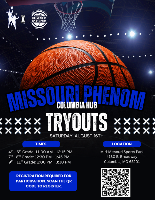 RyPHansen's tweet image. Get ready!
Missouri Phenom’s Columbia Hub tryouts Saturday August 16th!
► 4-6th grade: 11:00am - 12:15pm
► 7-8th grade: 12:30pm - 1:45pm
► 9-11th grade: 2:00pm - 3:30pm