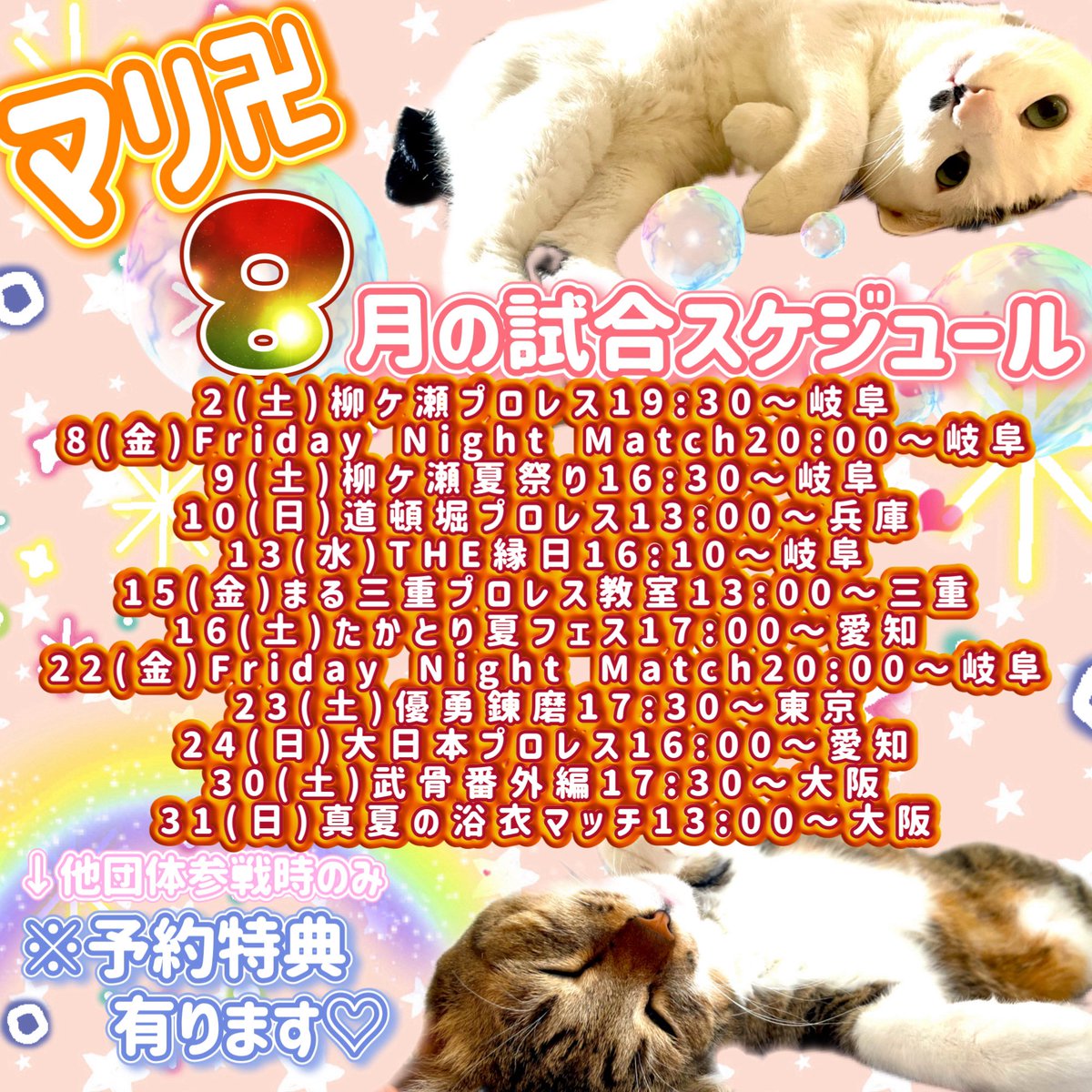 m_a_r_i_0130's tweet image. ということで、猫ちゃん募金の集計終わり次第いつもの固定ツイート出しますが
ひとまずこちら！
タイトルマッチあり！プロレス教室3回！
14(木)のm&amp;amp;m&apos;s1日店長21:00〜はすみませんがお休み
16(土)の柳ケ瀬プロレスお手伝いはおりませぬ😭是非、よろしくお願い致します🙇‍♀️