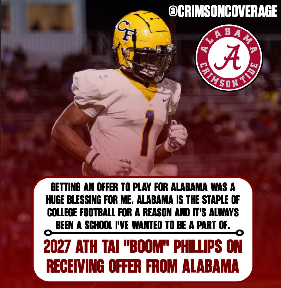 Crimson Coverage (@crimsoncoverage) on Twitter photo 2027 ATH Tai “Boom” Phillips (<a href="/taiphillips_1/">Tai “Boom” Phillips</a>) landed an offer from Alabama in June.
The North Carolina native recently spoke with me about what the offer meant to him. 2027 ATH Tai “Boom” Phillips (<a href="/taiphillips_1/">Tai “Boom” Phillips</a>) landed an offer from Alabama in June.
The North Carolina native recently spoke with me about what the offer meant to him.