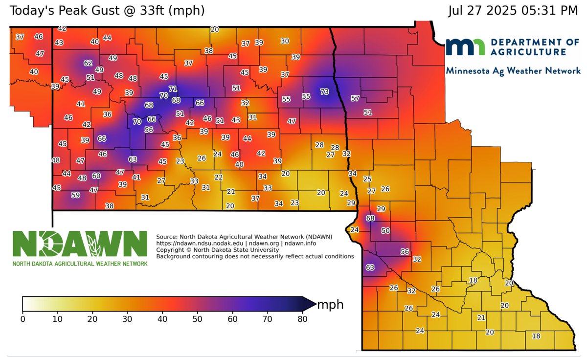 DarylRitchison's tweet image. Peak gust from the shelf cloud @NDAWNmesonet / MAWN Murdock has been 56 mph so far. Recently a 68 mph gust was recorded the NDAWN Herman location. Most of the North Dakota gusts were before sunrise. #ndwx #mnwx