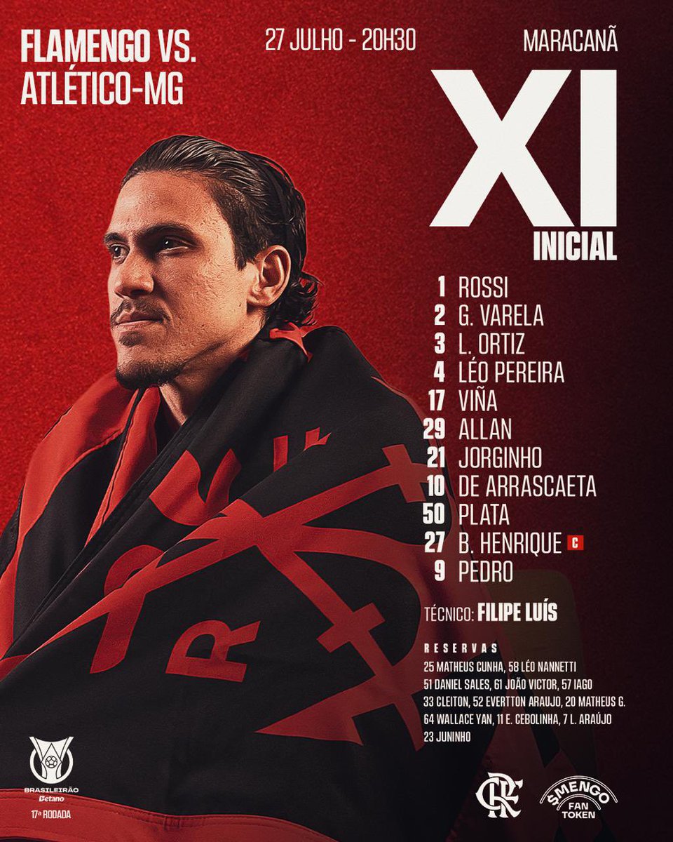 monicaalvesfs's tweet image. O Flamengo está escalado para enfrentar o Atlético-MG.

Plata, Bruno Henrique e Pedro formam o trio de ataque. @ColunadoFla