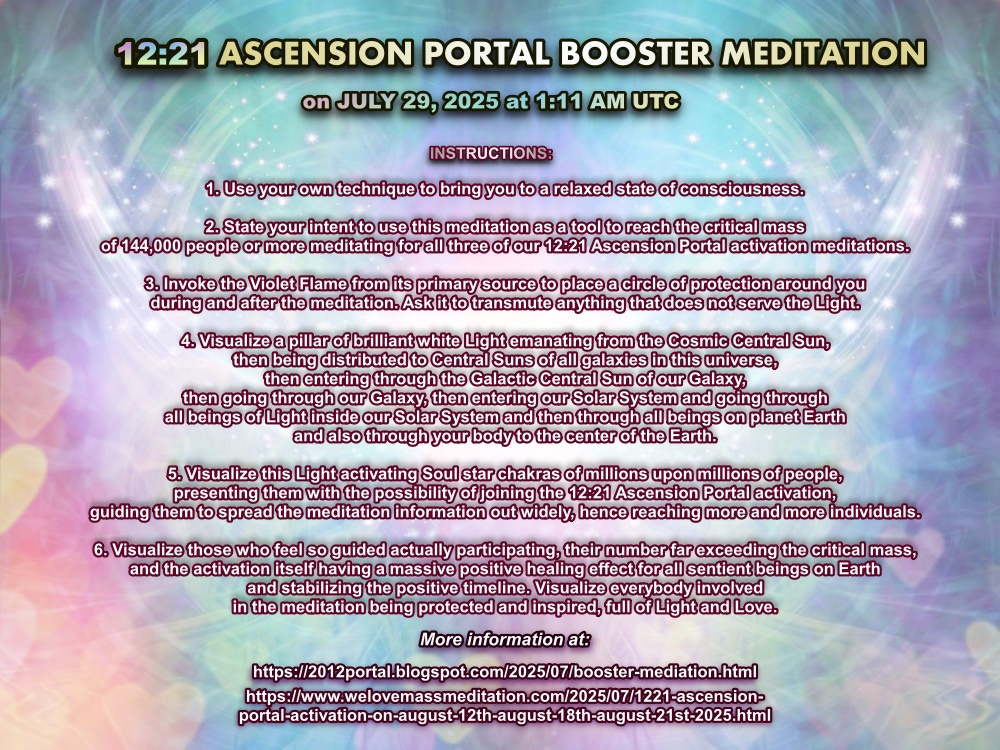 Orchidea77's tweet image. 12:21 Ascension Portal Booster meditation on July 29th at 1:11 AM UTC

2012portal.blogspot.com/2025/07/booste…

welovemassmeditation.com/2025/07/1221-a…

English broadcast: youtu.be/6w8Yut_ElUM

Please join us!