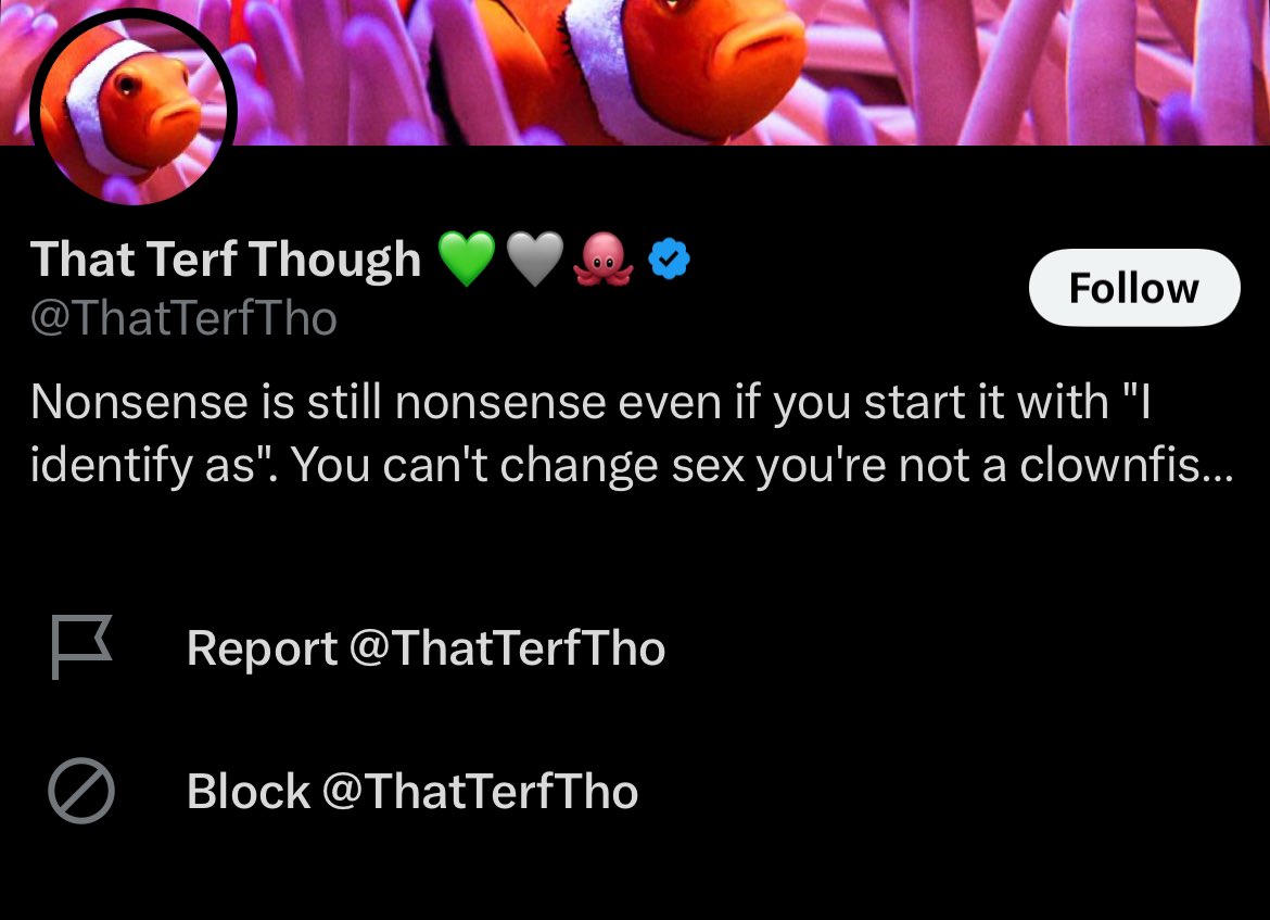Marzipanijah's tweet image. Why the HELL are MEN hiding behind the moniker TERF? 

TERF = trans exclusionary RADICAL FEMINIST - radical feminism doesn’t count males as one among them.

And here we have men who hide behind these accounts and pretend to speak on behalf of women. @ThatTerfTho