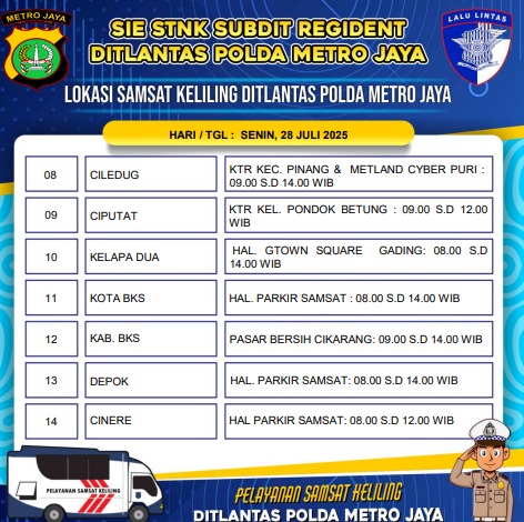 TMCPoldaMetro's tweet image. Informasi Lokasi Pelayanan STNK Keliling Dit Lantas Polda Metro Jaya hari Senin, 28 Juli 2025.