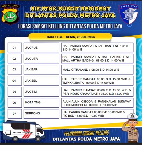 TMCPoldaMetro's tweet image. Informasi Lokasi Pelayanan STNK Keliling Dit Lantas Polda Metro Jaya hari Senin, 28 Juli 2025.