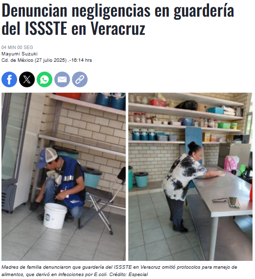 Juan_OrtizMX's tweet photo. 🗳📌 SURGE BROTE DE E.COLI EN GUARDERÍA DEL ISSSTE EN VERACRUZ

Madres denuncian que una estancia infantil del ISSSTE en Boca del Río omitió protocolos de higiene. 

Al menos 18 niños enfermaron, reporta @Reforma.

Cofepris clausuró el comedor. 

Madres denuncian negligencia médica y falta de medidas sanitarias. 

No hay refrigerador ni agua potable en el plantel.