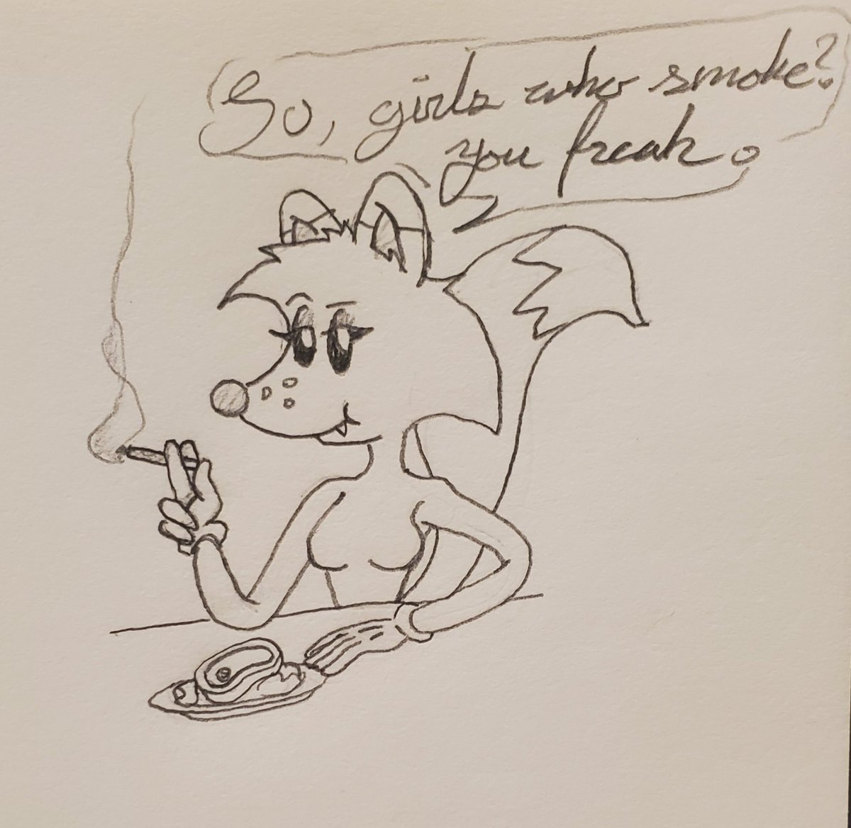 InconspicuRat's tweet image. Got requested &quot;jeanette smoking a cigarette and eating steak&quot; by @monkeygat 
I can only assume it&apos;s for some perverse sicko taste of his