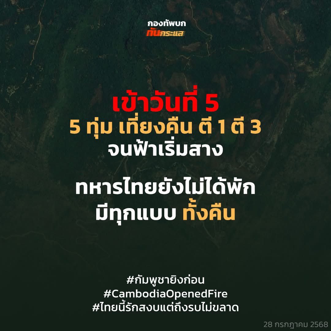 RTATrend's tweet image. เข้าวันที่ 5

5 ทุ่ม เที่ยงคืน ตี 1 ตี 3
จนฟ้าเริ่มสาง ทหารไทยยังไม่ได้พักมีทุกแบบ ทั้งคืน

#ฮุนเซนอาชญากรสงคราม
#hunsenwarcriminal
#ឧក្រិដ្ឋជនហ៊ុនសែន
#洪森戰爭罪犯
#กัมพูชายิงก่อน
#CambodiaOpenedFire
#ไทยนี้รักสงบแต่ถึงรบไม่ขลาด
#กองทัพบกทันกระแส