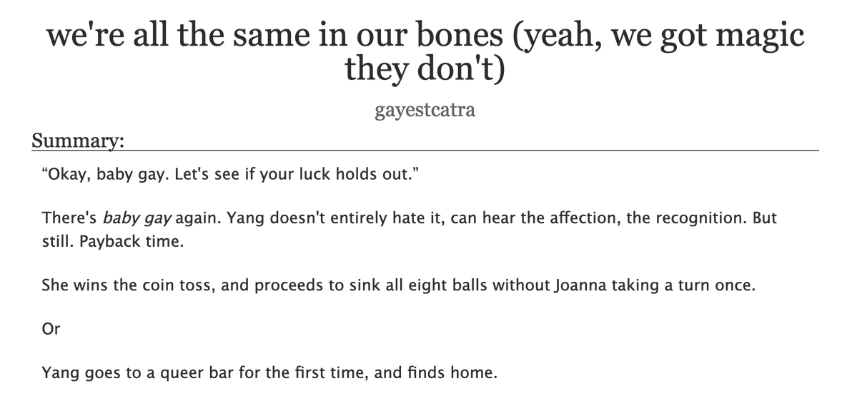enby_etherian's tweet image. fic for #ButchYangWeek, day 7: Free Day: archiveofourown.org/works/68265746.
last one everybody (*wipes tear*). this one is a companion piece to day 5, but both can be read independently!
tysm to everyone who commented/left kudos this week, this was so much fun &lt;3
#RWBY #YangXiaoLong