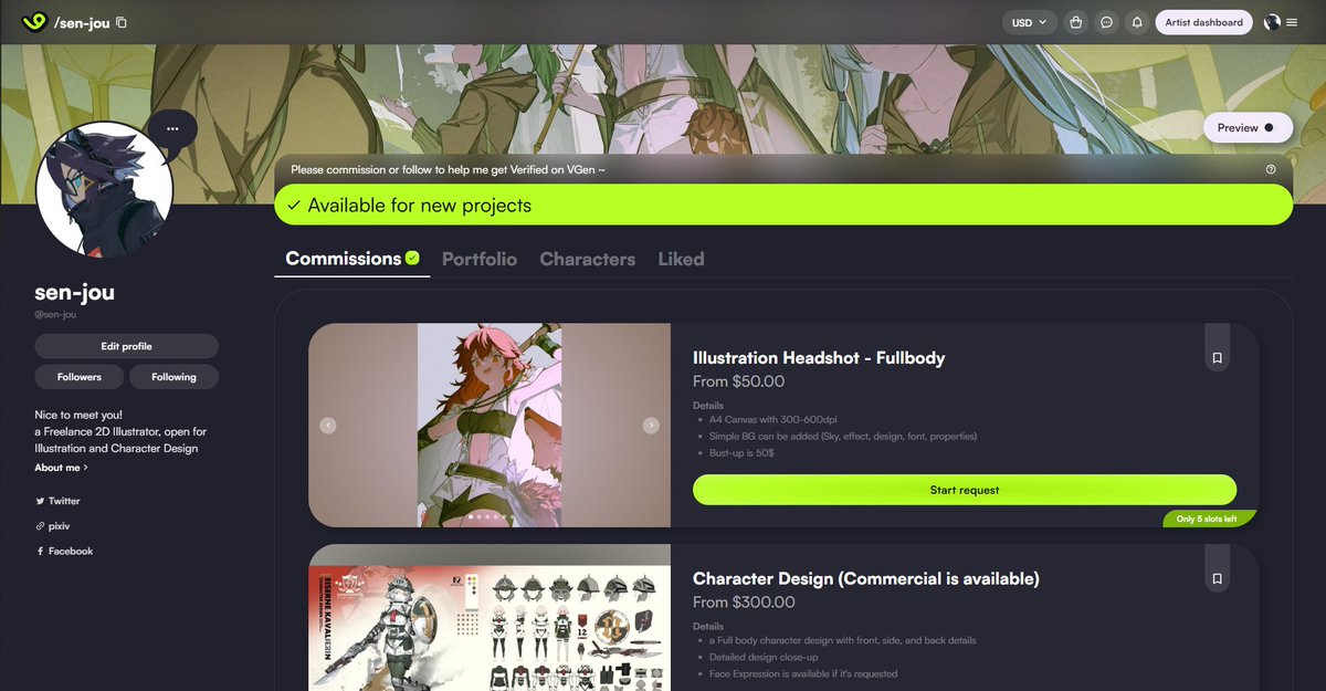 Hello! I am starting opening a commission in Vgen
Feel free to drop by in the link bellow

📜: vgen.co/sen-jou

And if there is any question regarding the jobs, you can DM me in here too

Thank you! ^^
#Commission #VGen #commissionsopen