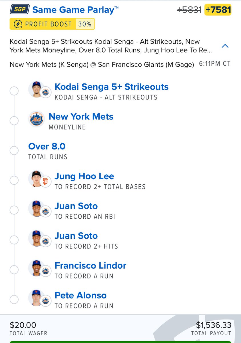 PicksHunch0's tweet image. Mets/Giants SGP +7580 🍀