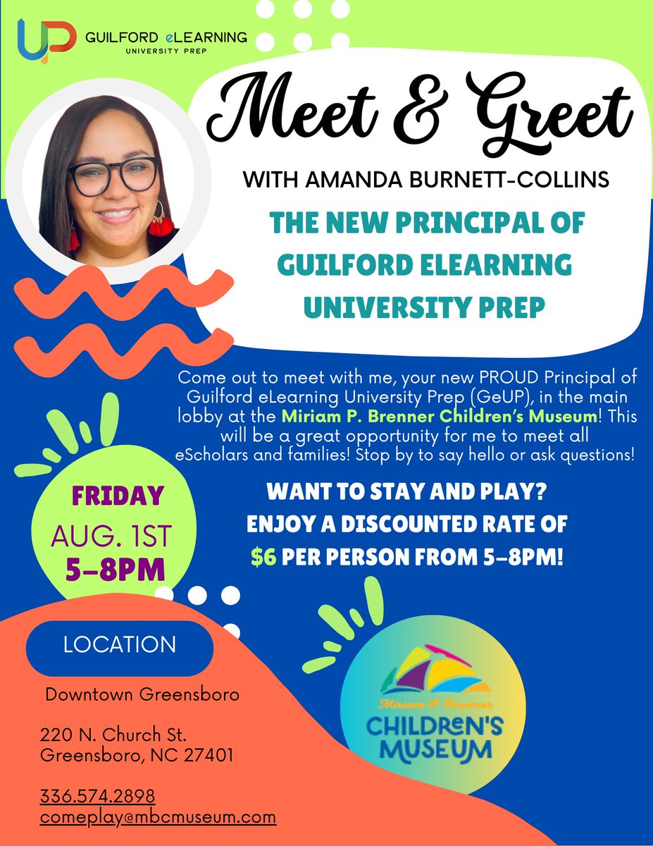 We're excited to welcome our new principal, Amanda Burnett-Collins <a href="/geup_principal/">Amanda Burnett-Collins</a>! Come meet her on Friday, August 1 from 5-8PM at the Miriam P. Brenner Children's Museum! Come say hi and ask questions AND if you want to stay and play, it's only $6 per person! See you there!