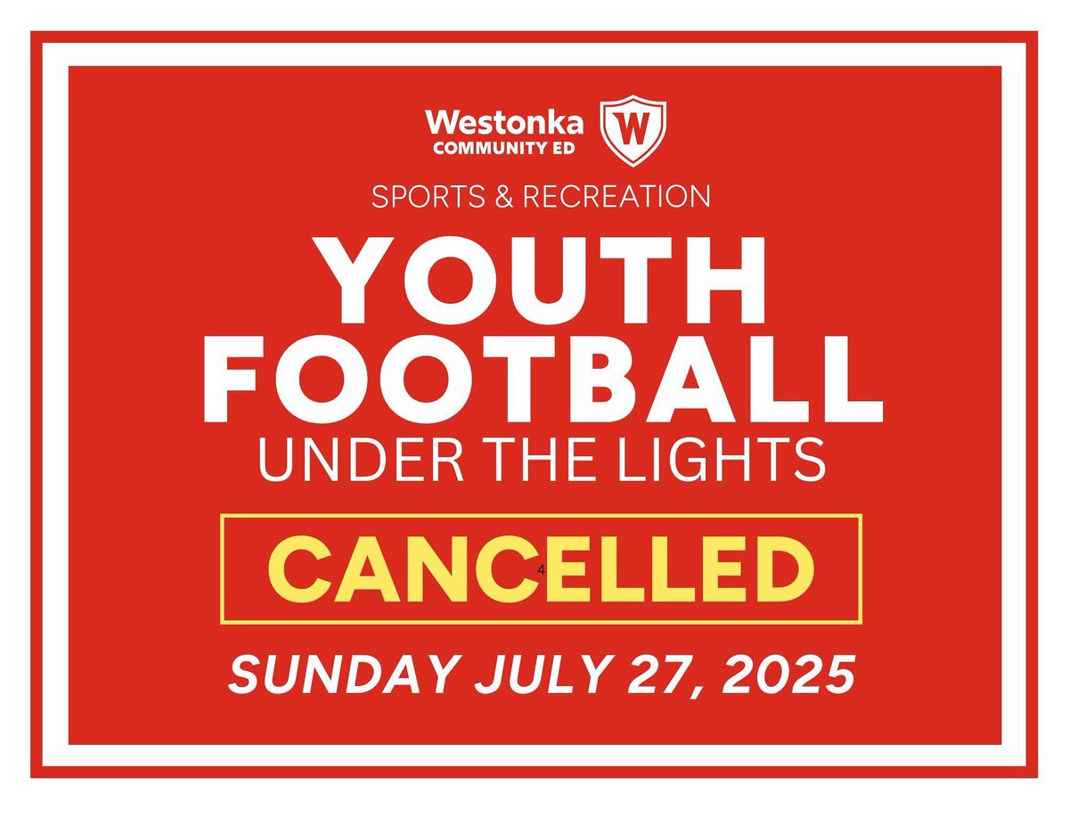 Westonka Football (@westonkafb) on Twitter photo ๐๐๐๐๐๐๐๐๐๐๐๐ โ ๐๐๐๐๐๐, ๐๐๐๐ ๐๐
Due to forecasted thunderstorms, Youth Football Under the Lights Night scheduled for tonight (Sunday, July 27) has been cancelled. We appreciate your understanding and hope to see you at a future event! ๐๐๐๐๐๐๐๐๐๐๐๐ โ ๐๐๐๐๐๐, ๐๐๐๐ ๐๐
Due to forecasted thunderstorms, Youth Football Under the Lights Night scheduled for tonight (Sunday, July 27) has been cancelled. We appreciate your understanding and hope to see you at a future event!