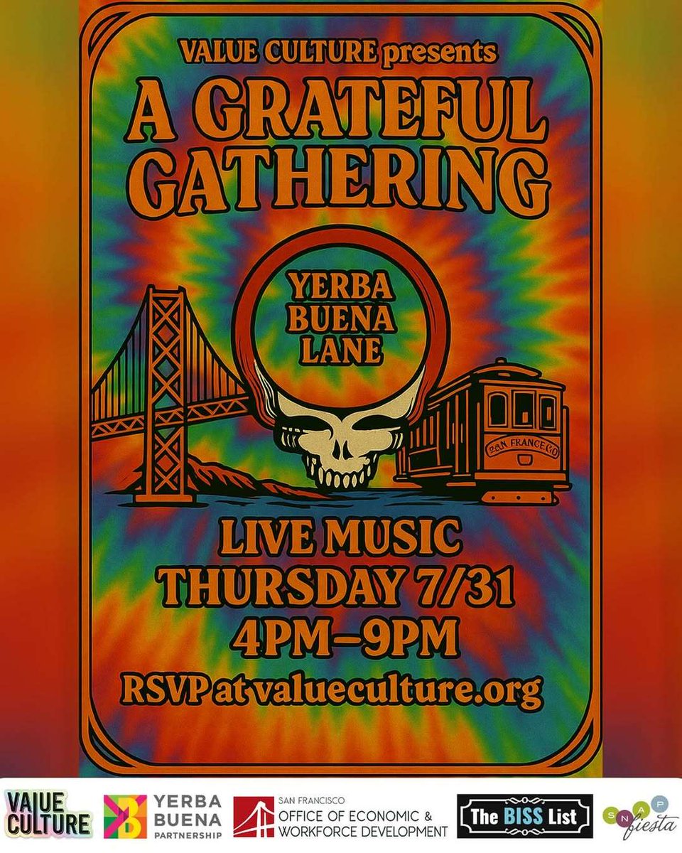 The perfect kickoff for the Dead &amp; Company shows in Golden Gate Park! A FREE outdoor street happy hour event inspired by the music and culture of the Grateful Dead presented by Value Culture. Featuring live music by Jordan Feinstein &amp; Friends. RSVP at valueculture.org.