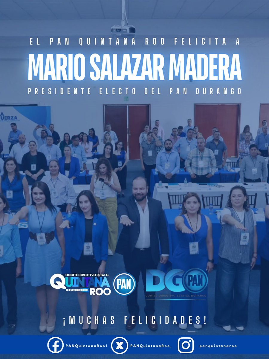 PAN Quintana Roo (@panquintanaroo_) on Twitter photo ¡Felicidades a <a href="/mario14sm/">Mario Salazar Madera</a> y <a href="/sofdr25/">Sofía Durán</a>!
Desde el <a href="/PANQuintanaRoo_/">PAN Quintana Roo</a> reconocemos su reelección como Presidente y Secretaria General del CDE del PAN Durango, así como a toda su planilla.
El <a href="/CDEPANDurango/">PAN Durango</a> es un ejemplo de liderazgo y compromiso en <a href="/AccionNacional/">Acción Nacional</a>. ¡Felicidades a <a href="/mario14sm/">Mario Salazar Madera</a> y <a href="/sofdr25/">Sofía Durán</a>!
Desde el <a href="/PANQuintanaRoo_/">PAN Quintana Roo</a> reconocemos su reelección como Presidente y Secretaria General del CDE del PAN Durango, así como a toda su planilla.
El <a href="/CDEPANDurango/">PAN Durango</a> es un ejemplo de liderazgo y compromiso en <a href="/AccionNacional/">Acción Nacional</a>.