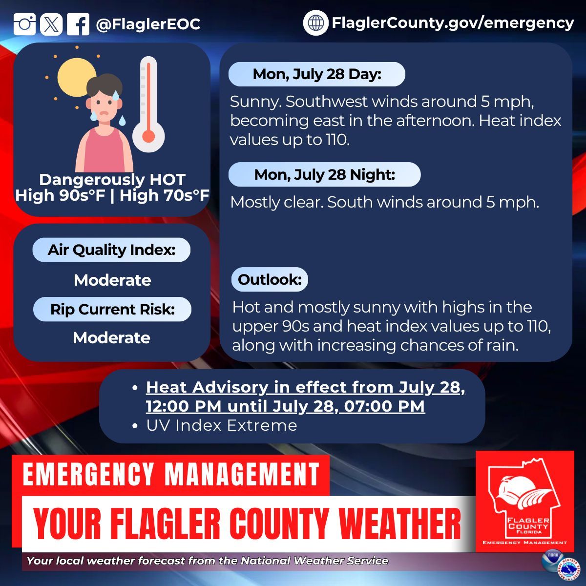 FlaglerEOC's tweet image. Your local weather forecast from the National Weather Service for Mon, July 28. For updates visit weather.gov/jax Sign up for free weather alerts at FlaglerCounty.gov/AlertFlagler #FlaglerWeather #FlaglerCounty #WeatherAlert