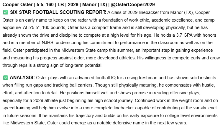 Huge thanks to <a href="/sixstarfootball/">Six Star Football | PLUS+</a> for the awesome write-up and eval from your <a href="/MSUTexasFB/">Midwestern State Football</a> prospect camp coverage! Truly honored and appreciative! <a href="/MustangsDC/">Rich Renner</a> <a href="/coachfrazierMSU/">Coach Blake Frazier</a> <a href="/FBCoachLeonard/">Coach Cedric Leonard</a> <a href="/coachvmsu/">Michael L. Vite</a> <a href="/Clydelogan21/">Clyde Logan</a> <a href="/Coach_Romero_/">Coach Romero</a> <a href="/ManorHSFootball/">Manor Mustang Football</a> <a href="/Manor_Sports/">Manor ISD Athletics</a> <a href="/__AustinButler/">AB</a>