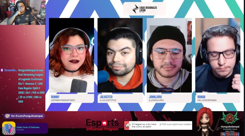 INF HonguitoSenpai #ComunidadesRiotLATAM #EIP #LTA (@honguitosenpai_) on Twitter photo Co-Stream Día 1 - Semana 3 | LRN Fase Regular (Split 2 2025)
Partidos del dia:
<a href="/fuegocw/">Fuego</a> vs <a href="/SDMTigres/">SDM Tigres | Esports</a>
<a href="/Zeu5_esports/">Zeu5</a> vs <a href="/LyonLATAM/">LYON</a> Academy
<a href="/xibalbaesports_/">Xibalbá</a> vs <a href="/odd_mx/">ODD eSports❗️</a>
hoy tendremos las voces de <a href="/RommyPandatomic/">Rommy🐼⚛️| #LRN #LRS</a>, <a href="/juliostito9/">Juliostito 🐲</a>, <a href="/Jonnijuro/">Jonni 🐈</a> y <a href="/ElJovenRoman/">El Joven Roman</a>.
#LRN #lolesports Co-Stream Día 1 - Semana 3 | LRN Fase Regular (Split 2 2025)
Partidos del dia:
<a href="/fuegocw/">Fuego</a> vs <a href="/SDMTigres/">SDM Tigres | Esports</a>
<a href="/Zeu5_esports/">Zeu5</a> vs <a href="/LyonLATAM/">LYON</a> Academy
<a href="/xibalbaesports_/">Xibalbá</a> vs <a href="/odd_mx/">ODD eSports❗️</a>
hoy tendremos las voces de <a href="/RommyPandatomic/">Rommy🐼⚛️| #LRN #LRS</a>, <a href="/juliostito9/">Juliostito 🐲</a>, <a href="/Jonnijuro/">Jonni 🐈</a> y <a href="/ElJovenRoman/">El Joven Roman</a>.
#LRN #lolesports