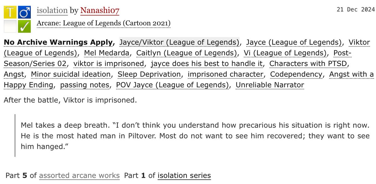 jayvikficrecs's tweet image. Title: isolation
Author: Nanashi07
Tags: #jayvik, post-canon, jayce pov, unreliable narrator, codependency, angst, platonic jayvik, implied jayvik at the end
Status: Complete
Rating: Teen & Up
Don’t forget to leave comment & kudos 🫶🏼
archiveofourown.org/works/61211200